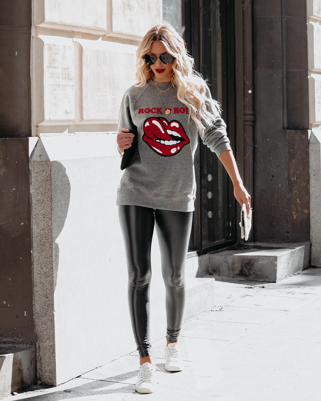 Red Lips Rock And Roll Cotton Blend Sweatshirt Ins Street