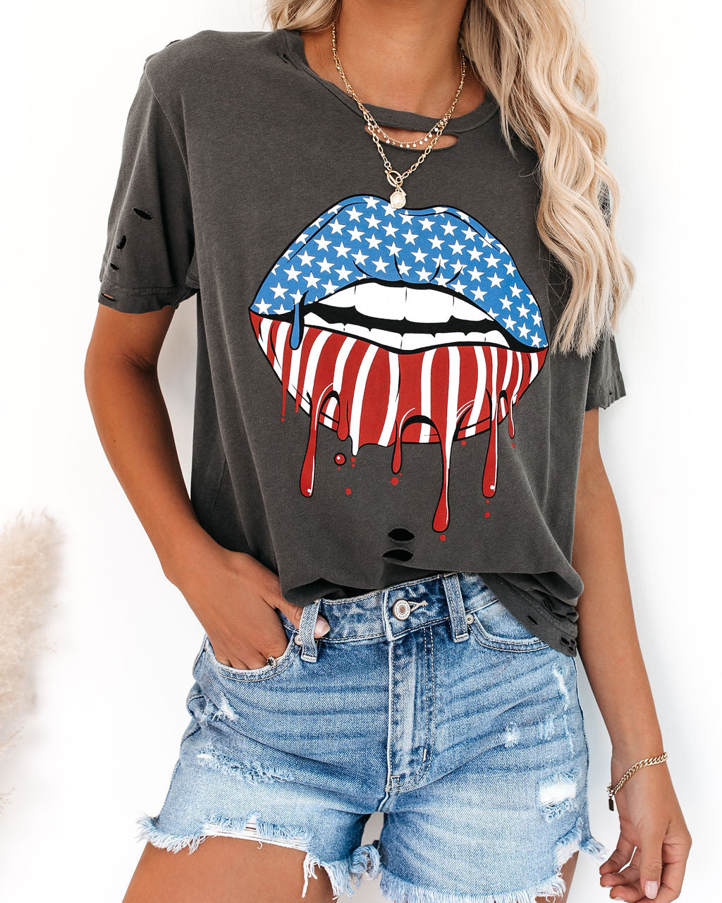 Red, White + Blue Lips Distressed Cotton Tee Ins Street