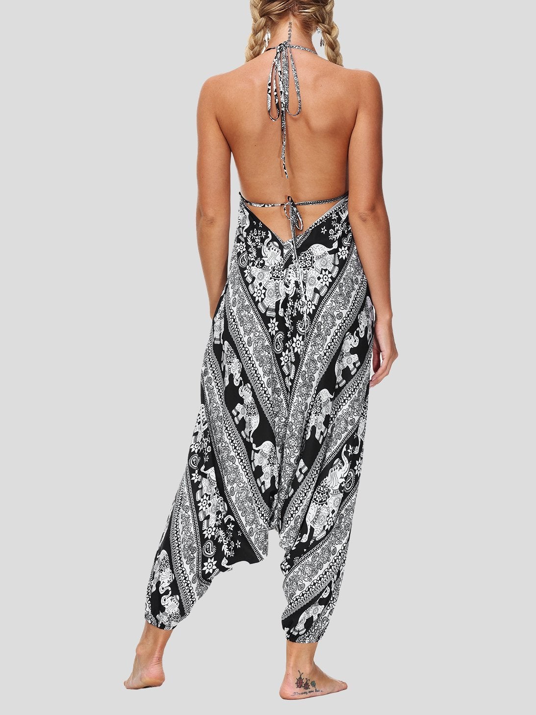 Retro Print V Neck Lace-up Halter Sports Yoga Jumpsuit Ins Street