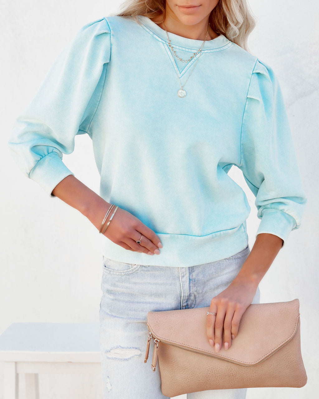 Rilie Cotton Puff Sleeve Sweatshirt - Washed Blue Ins Street