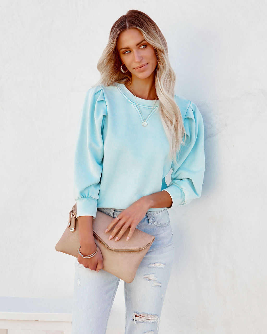 Rilie Cotton Puff Sleeve Sweatshirt - Washed Blue Ins Street