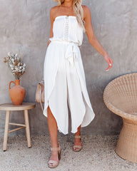 Rosalie Strapless Crochet Slit Jumpsuit - Off White Ins Street