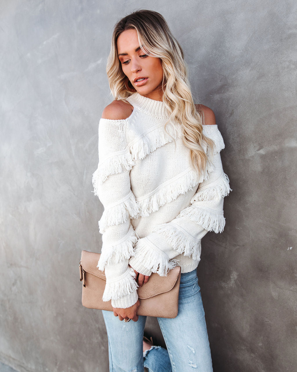 Roundabout Cold Shoulder Fringe Knit Sweater - Ivory Ins Street