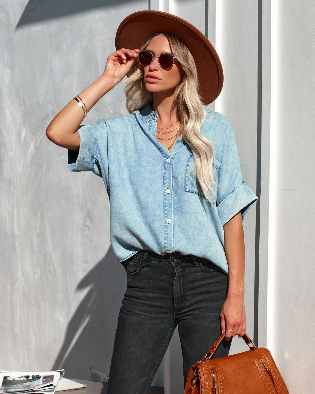 Rustin Chambray Button Down Top - Light Wash Ins Street