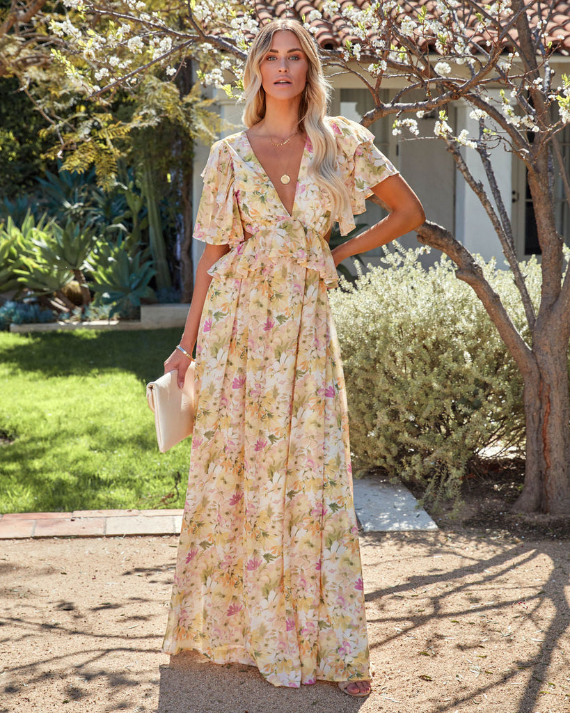Sanae Floral Ruffle Cutout Maxi Dress - Pale Yellow – InsStreet
