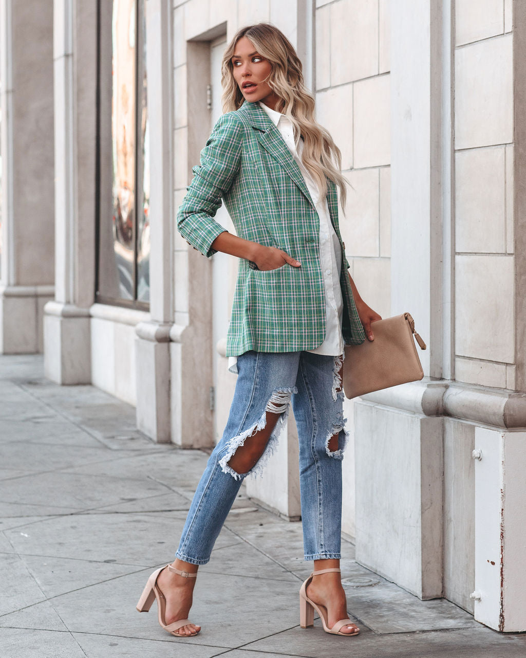 Shea Pocketed Plaid Blazer - Green Ins Street