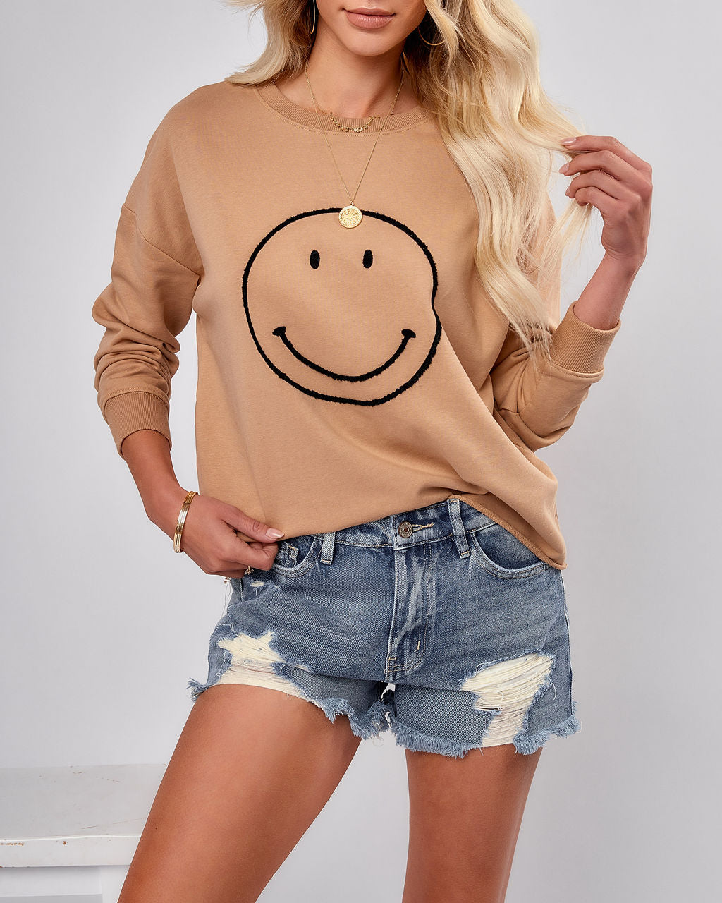 Show That Smile Cotton Blend Embroidered Pullover - Taupe Ins Street