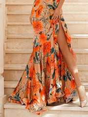 Sleeveless Halter Print Split Long Dress ins