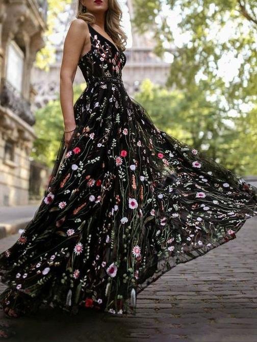 Slim Deep V Neck Sleeveless Embroidered Long Dress ins