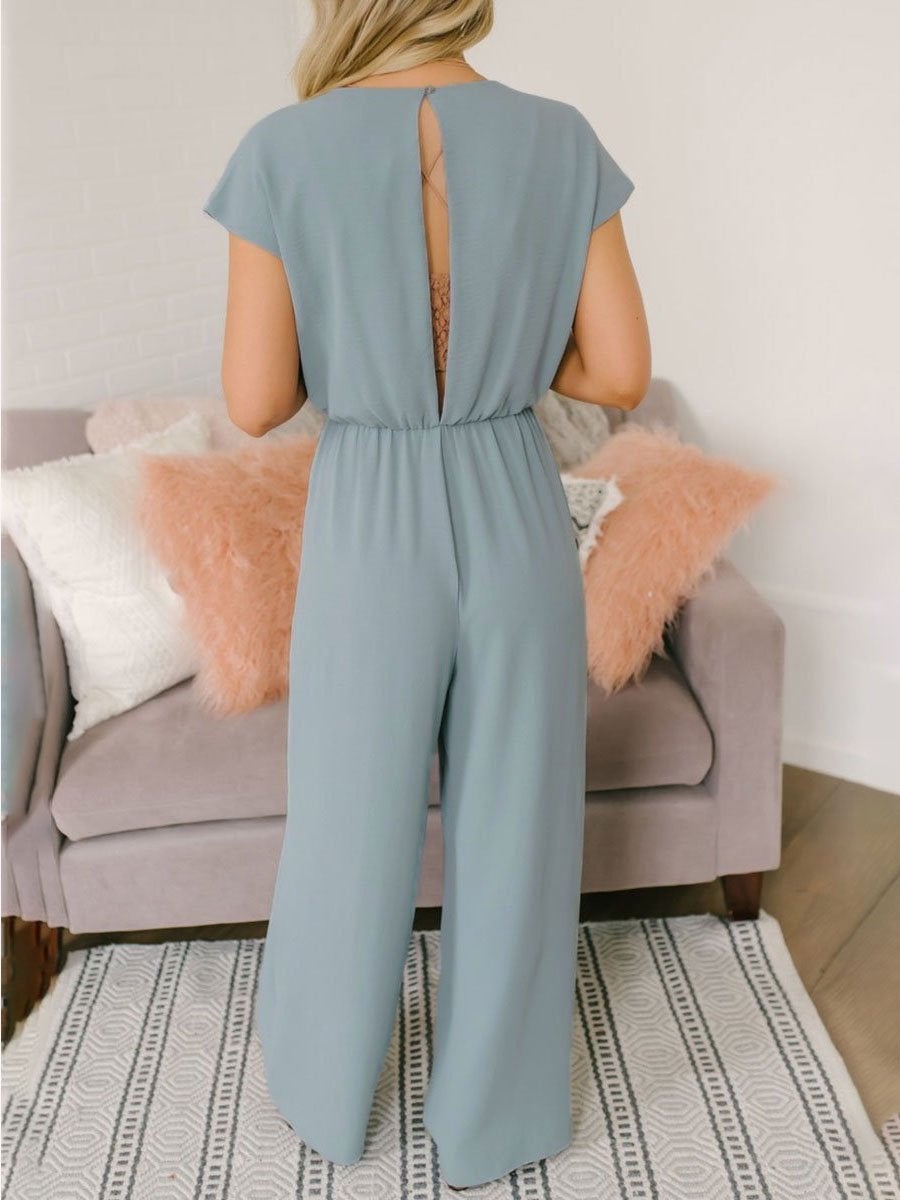 Solid V-neck High Waist Casual Jumpsuit Ins Street