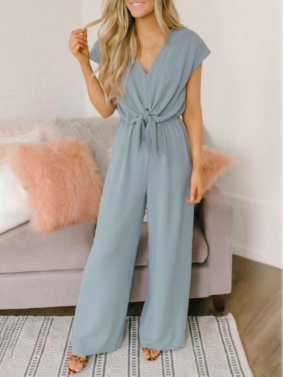 Solid V-neck High Waist Casual Jumpsuit Ins Street