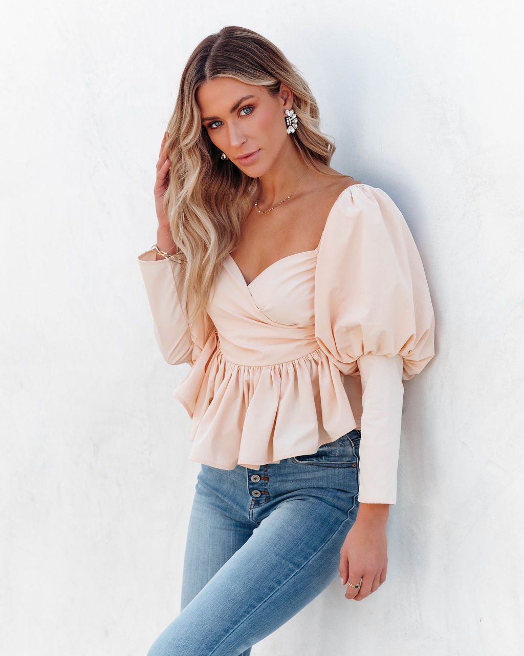 Soph Puff Sleeve Peplum Crop Top - Beige Ins Street