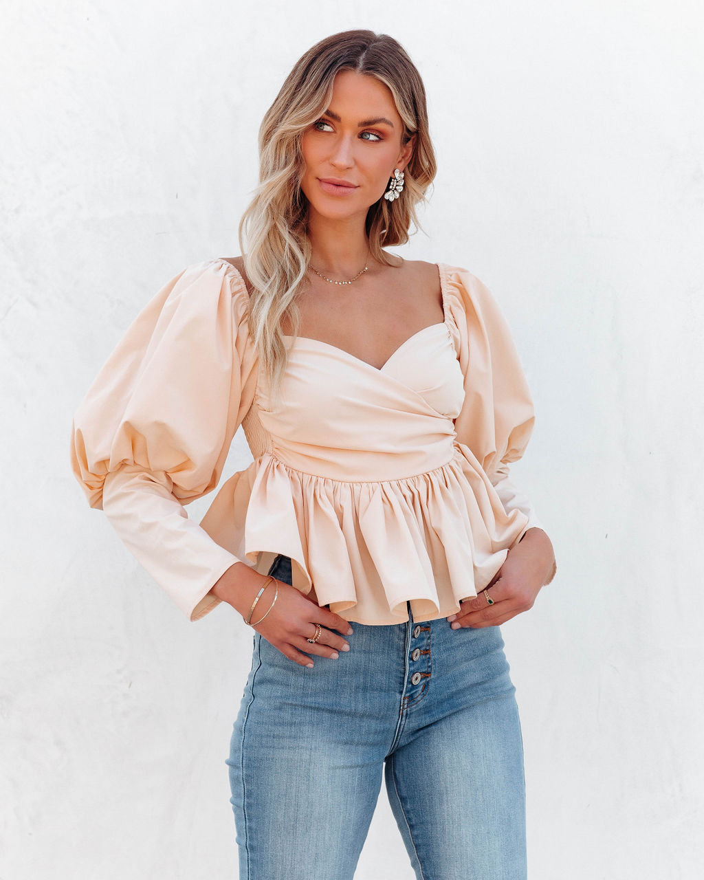 Soph Puff Sleeve Peplum Crop Top - Beige Ins Street