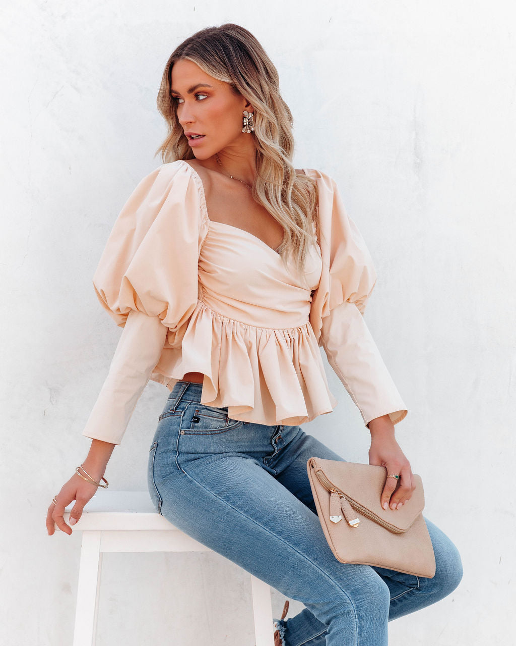 Soph Puff Sleeve Peplum Crop Top - Beige Ins Street