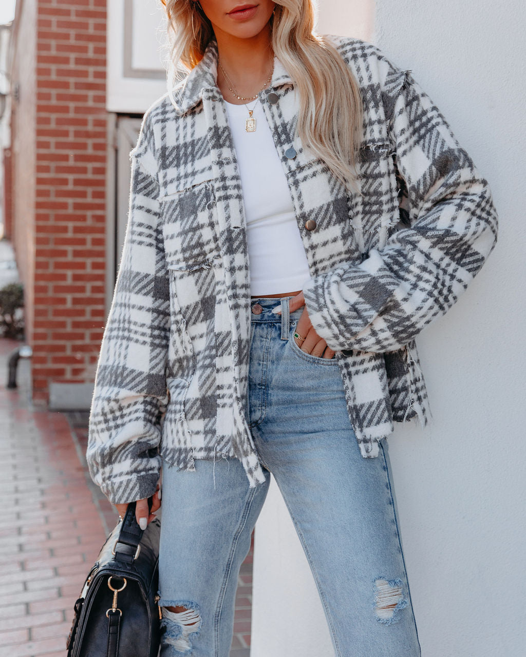 South Lake Frayed Plaid Shacket - Ivory - FINAL SALE Ins Street