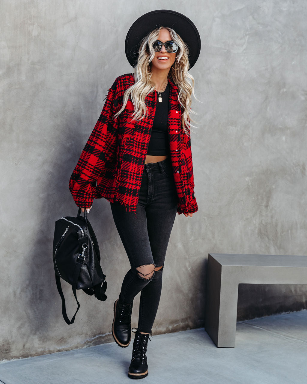 South Lake Frayed Plaid Shacket - Red - FINAL SALE Ins Street