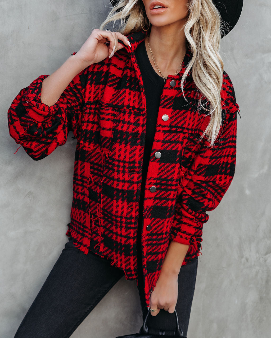 South Lake Frayed Plaid Shacket - Red - FINAL SALE Ins Street