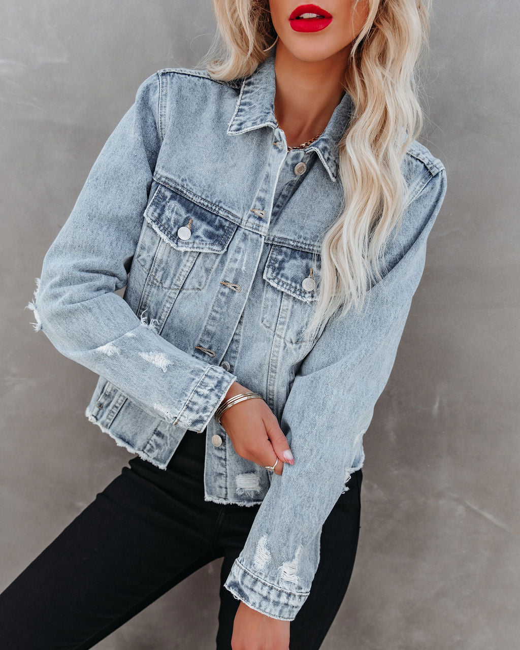 Speed Up Pocketed Distressed Denim Jacket Ins Street