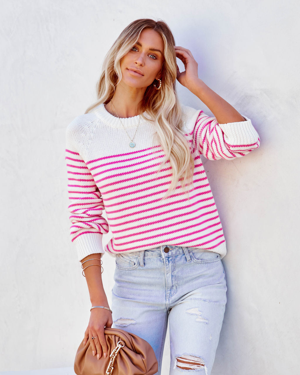 Stella Cotton Striped Sweater - White Pink Ins Street