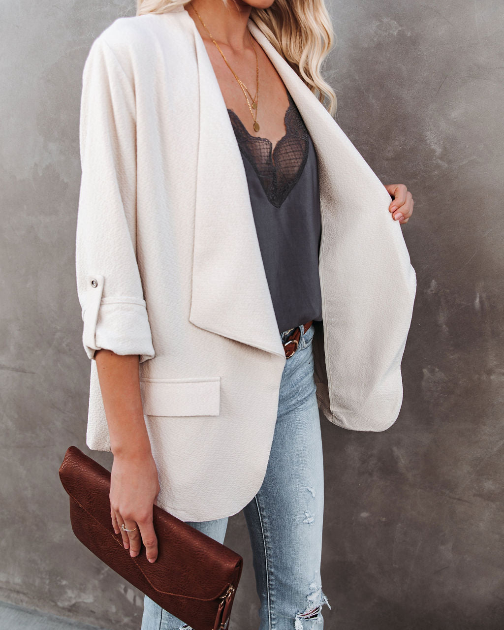 Streamline Pocketed Textured Blazer - Natural Ins Street