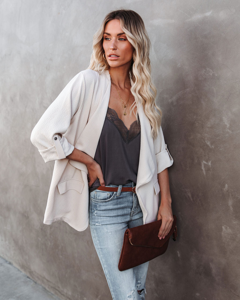 Streamline Pocketed Textured Blazer - Natural Ins Street