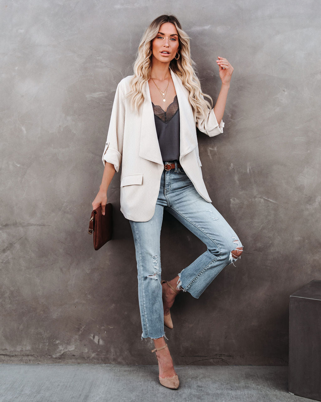 Streamline Pocketed Textured Blazer - Natural Ins Street