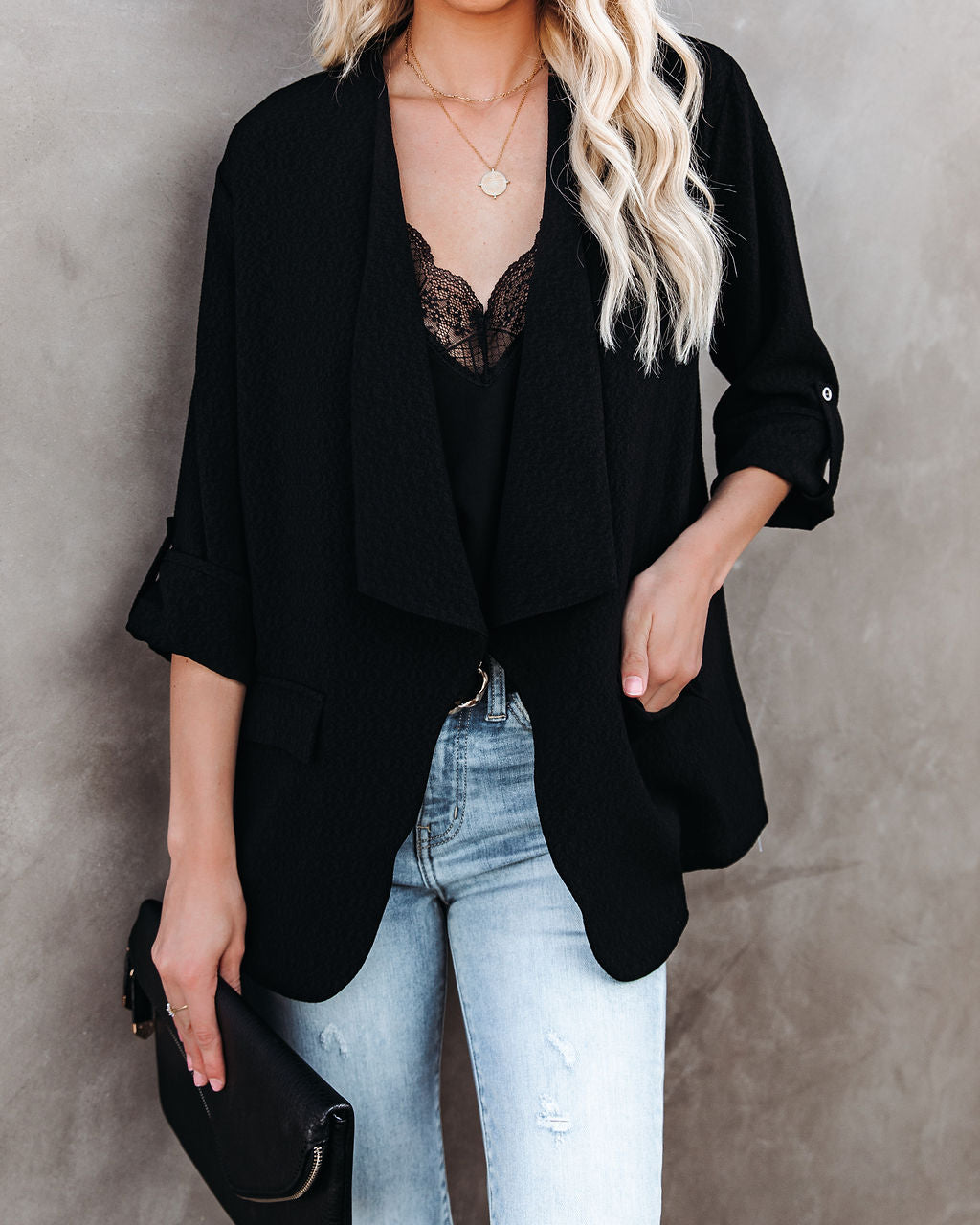 Streamline Pocketed Textured Blazer - Black Ins Street