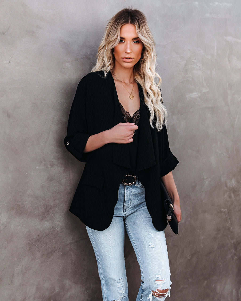 Streamline Pocketed Textured Blazer - Black Ins Street