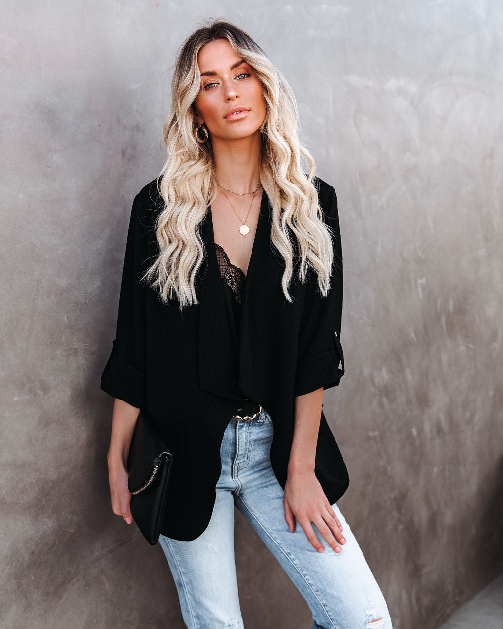 Streamline Pocketed Textured Blazer - Black Ins Street