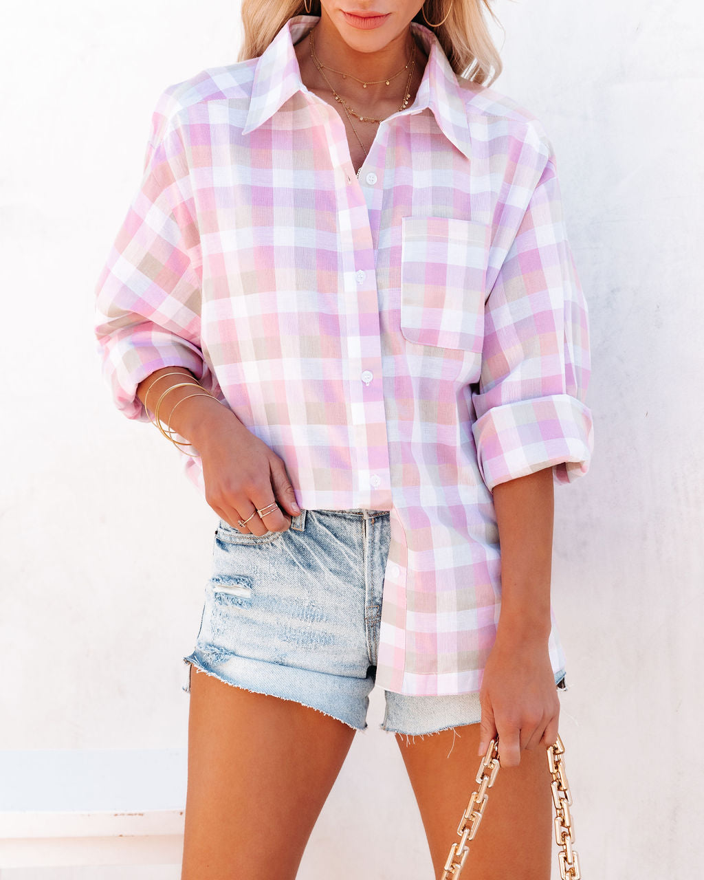 Styles Cotton Plaid Button Down Top - Lilac Multi Ins Street