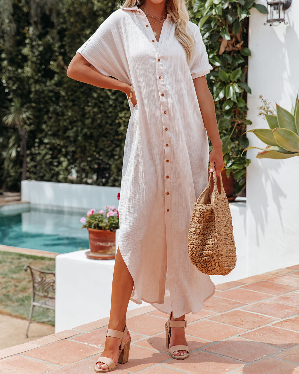 Summertime Cotton Button Down Maxi Dress - Cream Ins Street