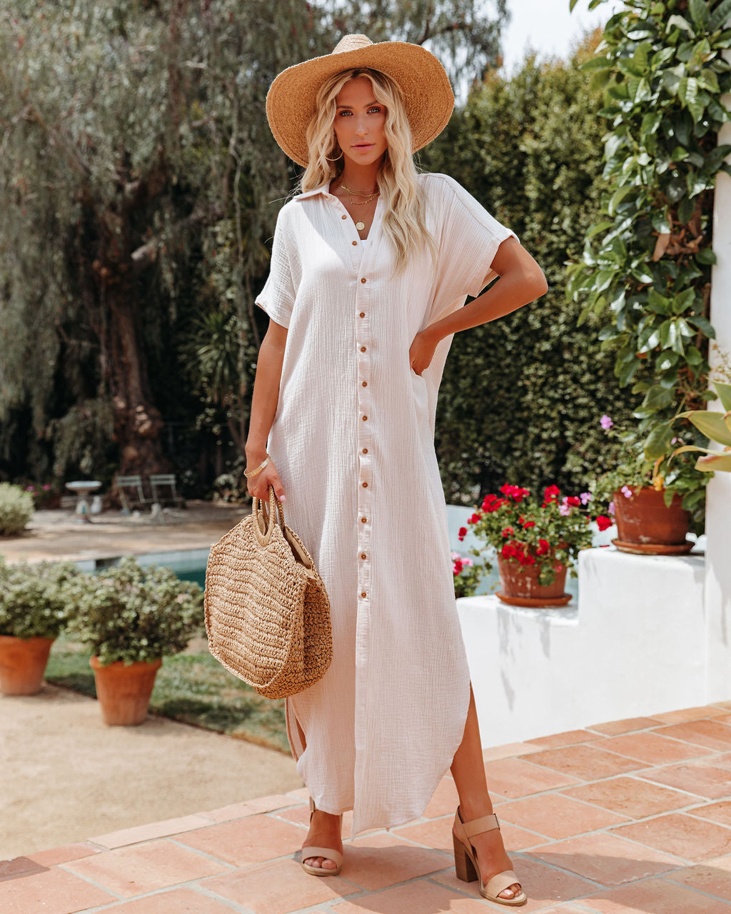 Summertime Cotton Button Down Maxi Dress - Cream Ins Street