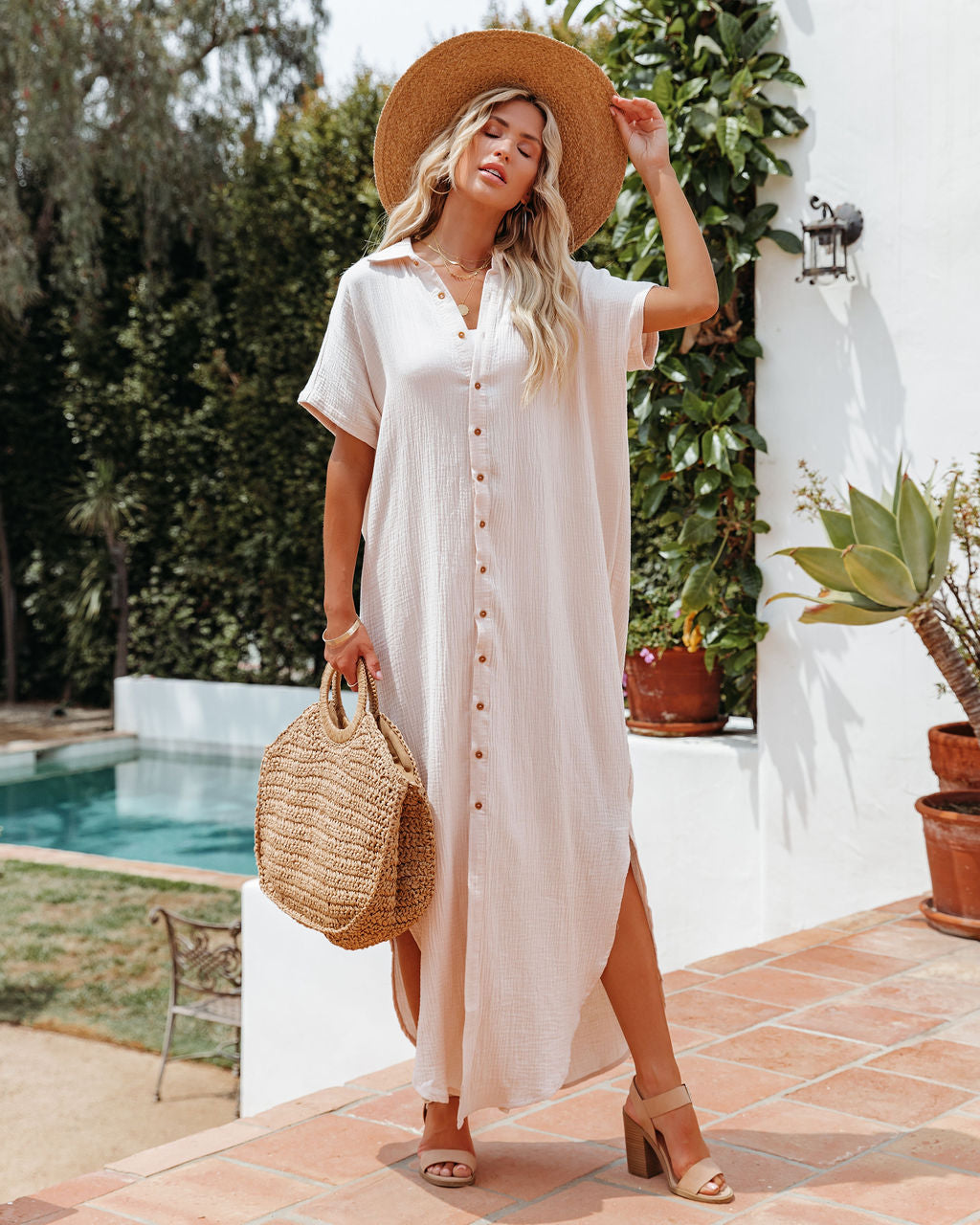 Summertime Cotton Button Down Maxi Dress - Cream Ins Street