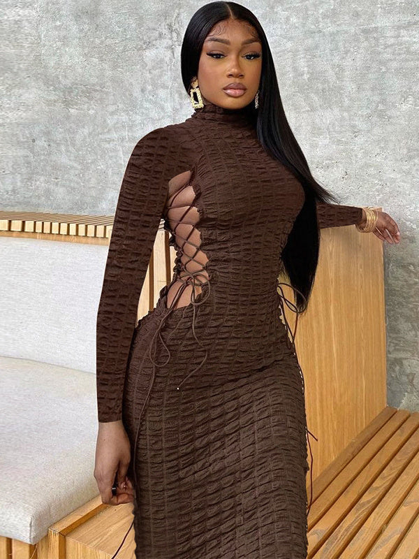 Statement Popcorn Side Cutout Tie Turtleneck Long Sleeve Dress Ins Street