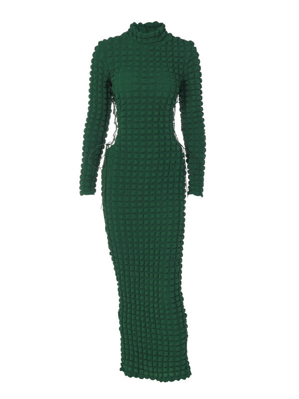 Statement Popcorn Side Cutout Tie Turtleneck Long Sleeve Dress Ins Street