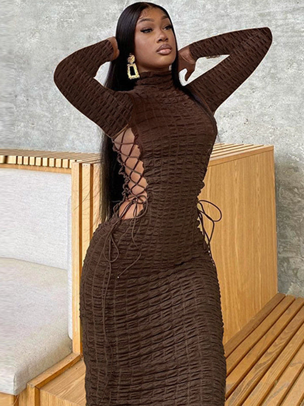 Statement Popcorn Side Cutout Tie Turtleneck Long Sleeve Dress 2023-03-14 InsStreet