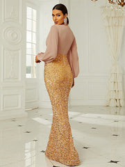 Temperament Wedding V-neck Long-sleeved Sequined Party Bag Hip Fishtail Evening Dress Ins Street