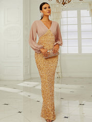 Temperament Wedding V-neck Long-sleeved Sequined Party Bag Hip Fishtail Evening Dress Ins Street