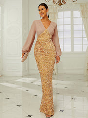 Temperament Wedding V-neck Long-sleeved Sequined Party Bag Hip Fishtail Evening Dress Ins Street