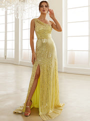 Slanted Shoulder Sequined Party Split Fishtail Small Tail Evening Dress 2023-03-14 InsStreet