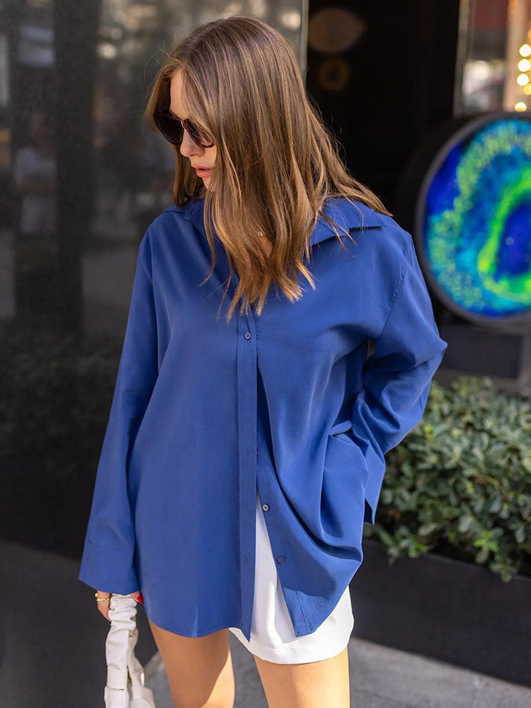 Temperament Solid Color Lapel Long Sleeve Shirt Ladies Top Ins Street