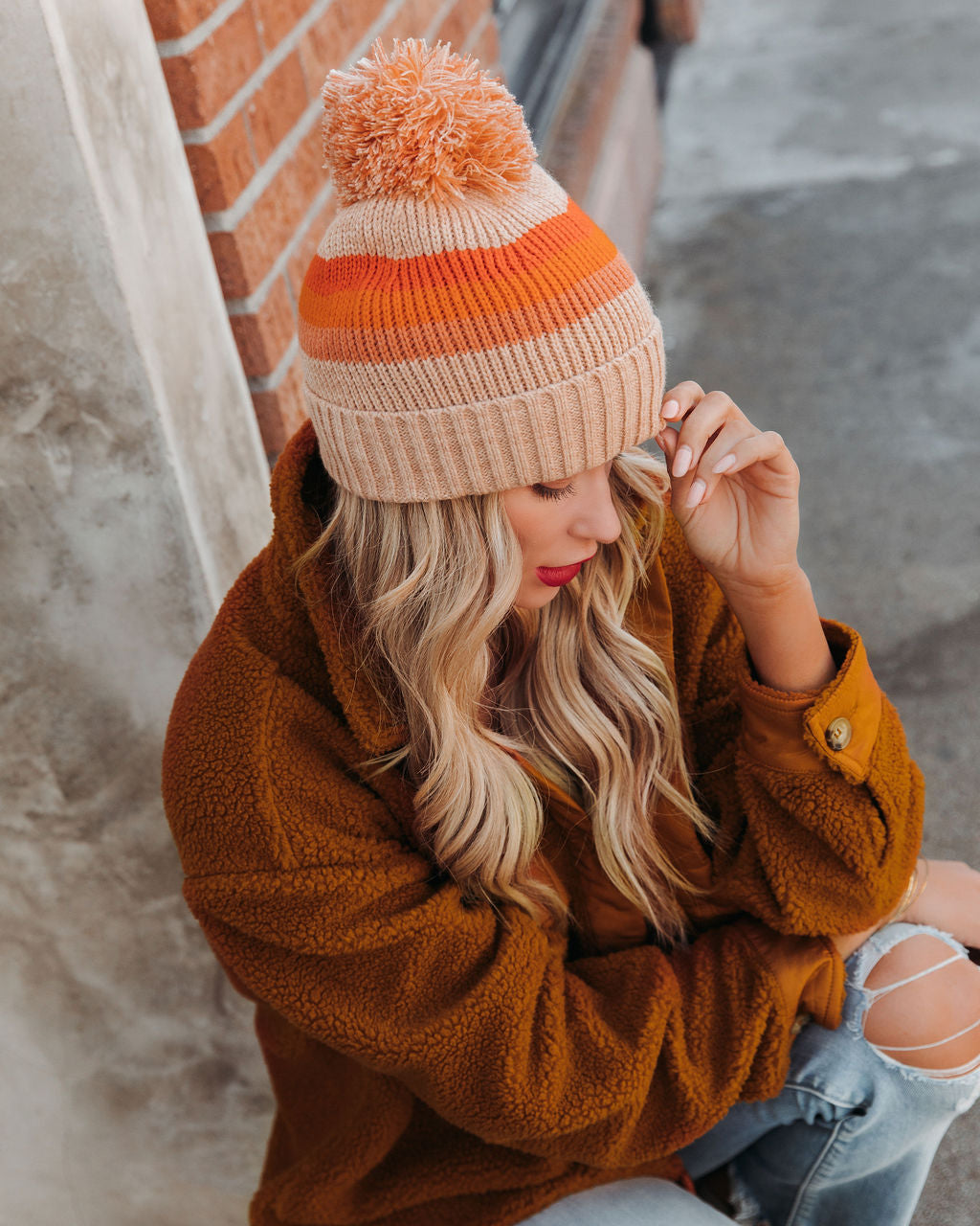 Sunrise Striped Pom Beanie - Tan - FINAL SALE Ins Street