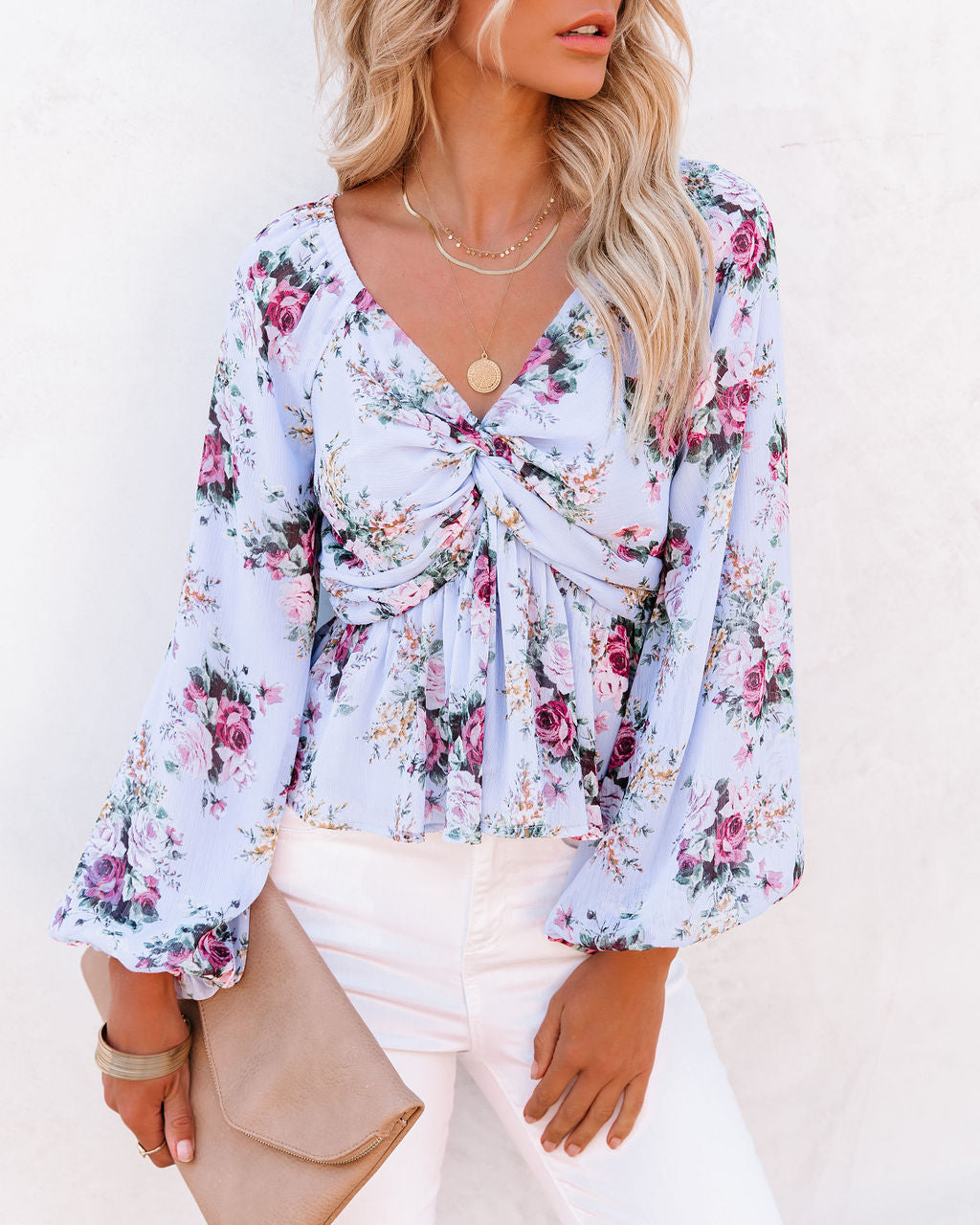 Sure Thing Floral Balloon Sleeve Twist Blouse - Blue - FINAL SALE Ins Street