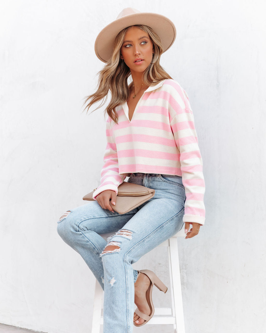 Syble Cotton Striped Collared Top - Pink Ins Street