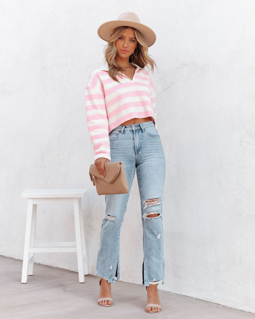 Syble Cotton Striped Collared Top - Pink Ins Street