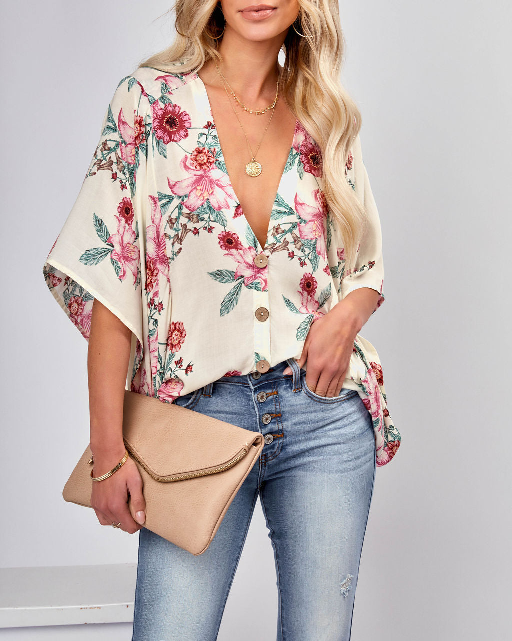 Sycamore Floral Button Down Kimono Top - Ivory Ins Street