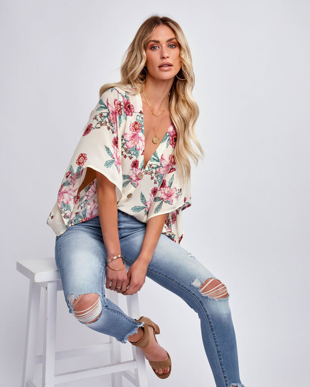 Sycamore Floral Button Down Kimono Top - Ivory Ins Street