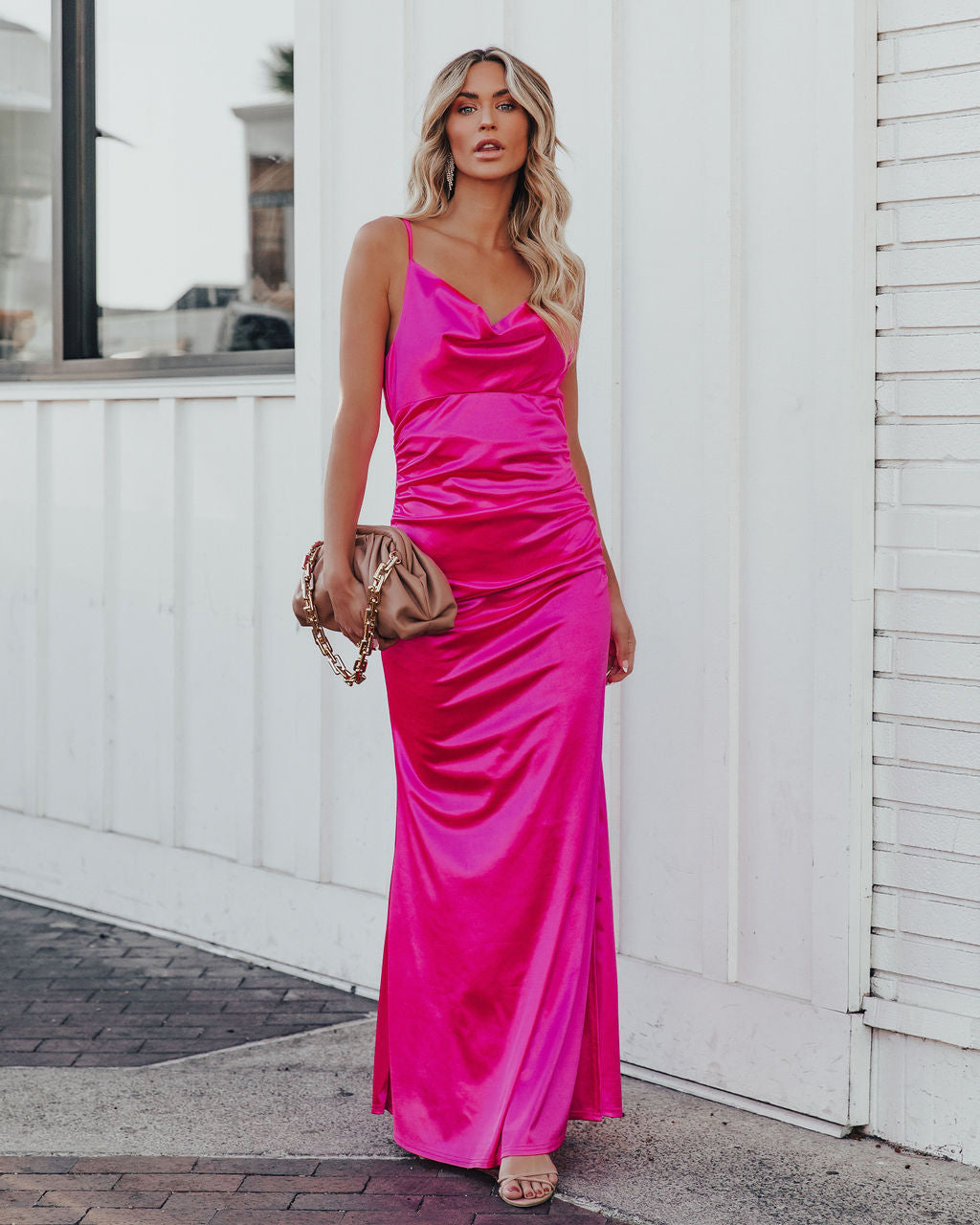 Take Care Satin Cowl Neck Maxi Dress - Fuchsia - FINAL SALE Ins Street