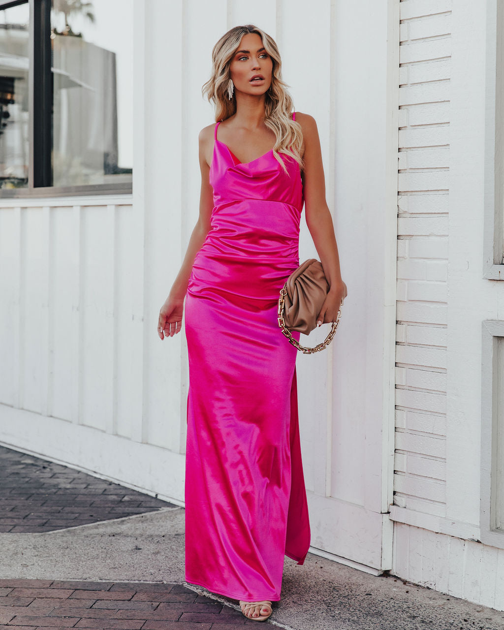 Take Care Satin Cowl Neck Maxi Dress - Fuchsia - FINAL SALE Ins Street