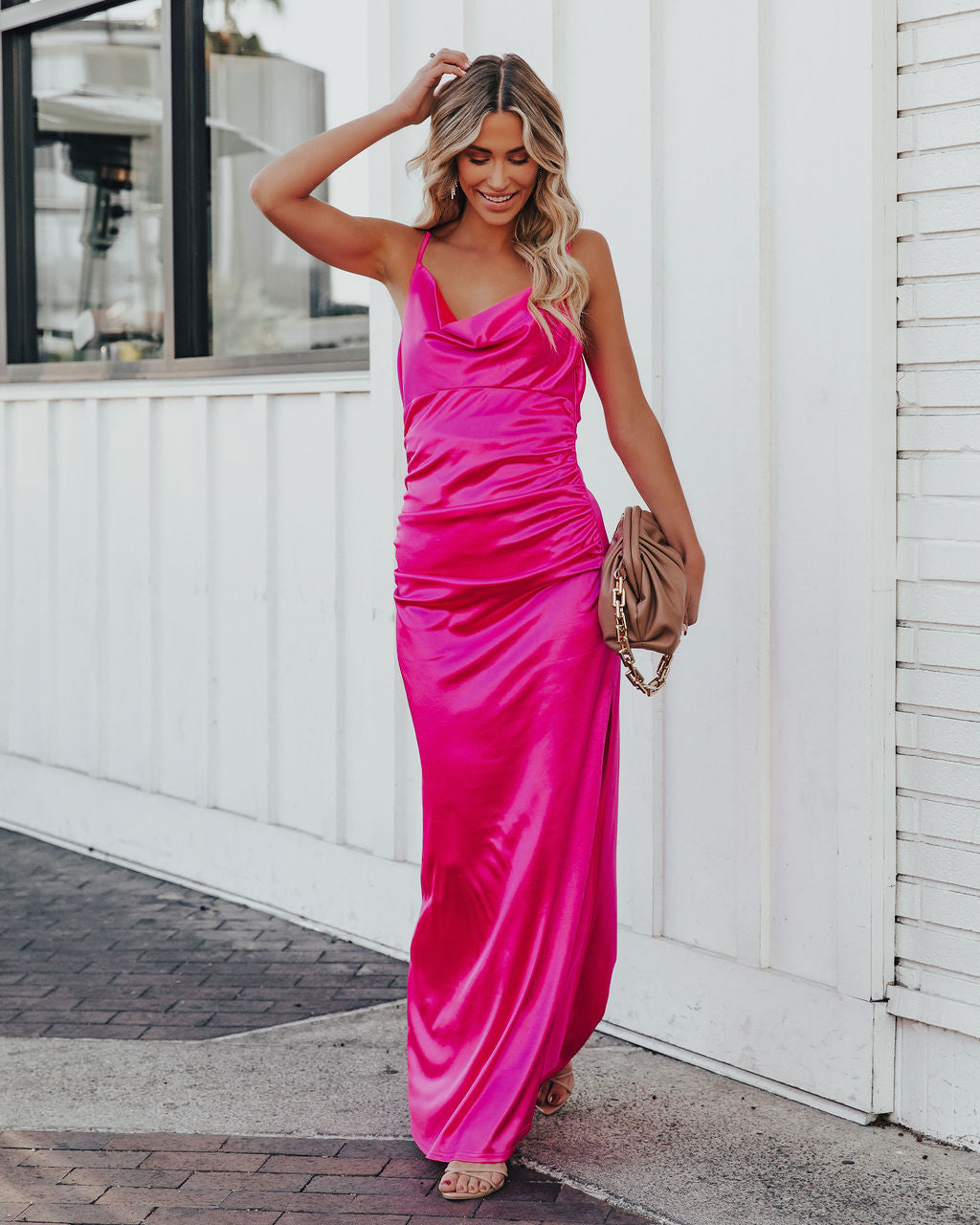 Take Care Satin Cowl Neck Maxi Dress - Fuchsia - FINAL SALE Ins Street